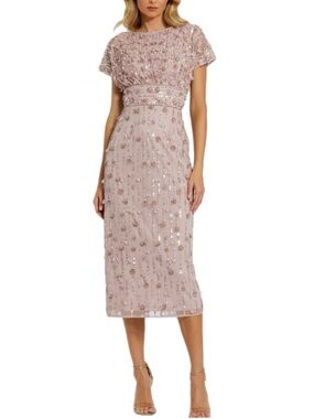 NWT $498 MSRP Mac Duggal Pink 3D Floral & Sequin Sheath Midi Dress Size 4